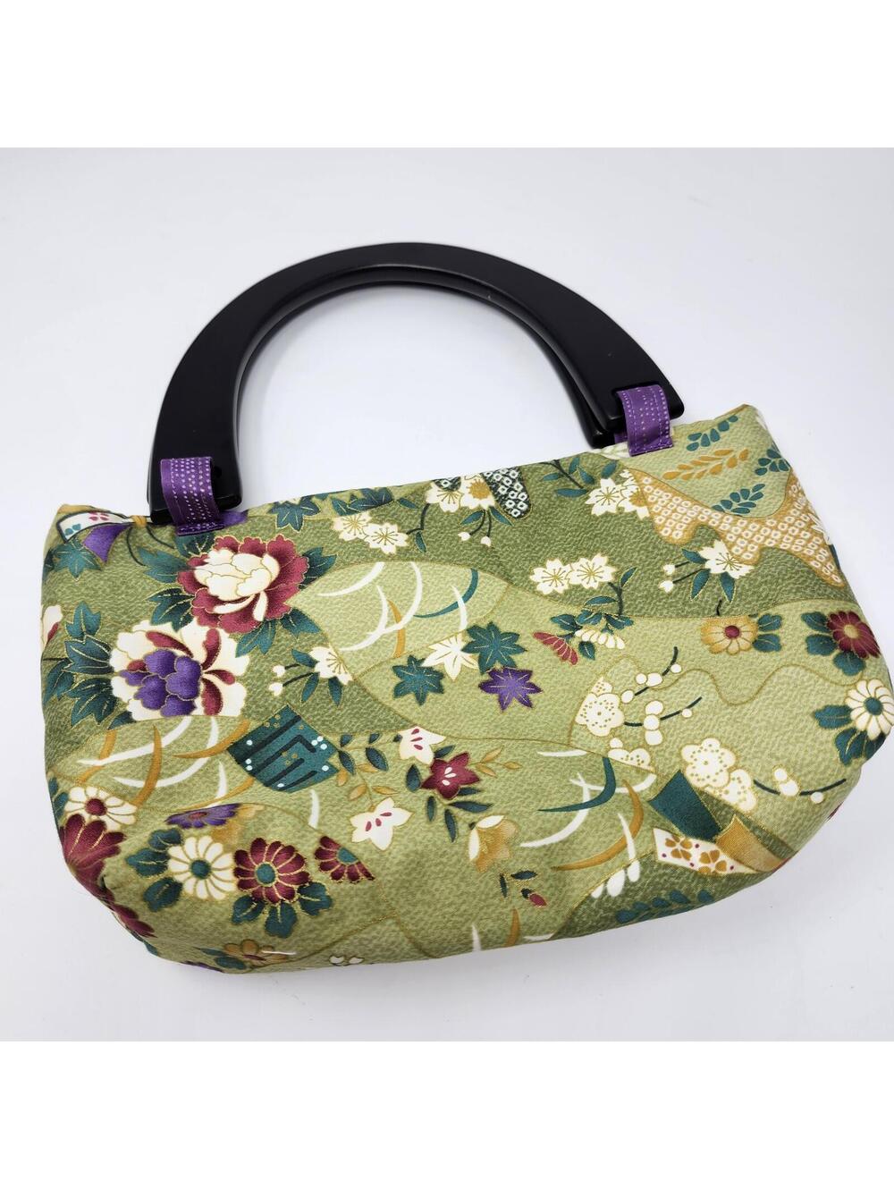 Handmade Floral Fabric Handbag Purse Wood Handles Green Purple